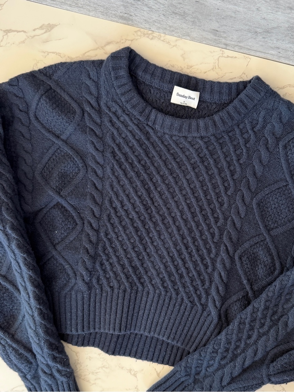 Sunday Best Men's Dark Navy Cable Knit Crewneck Sweater